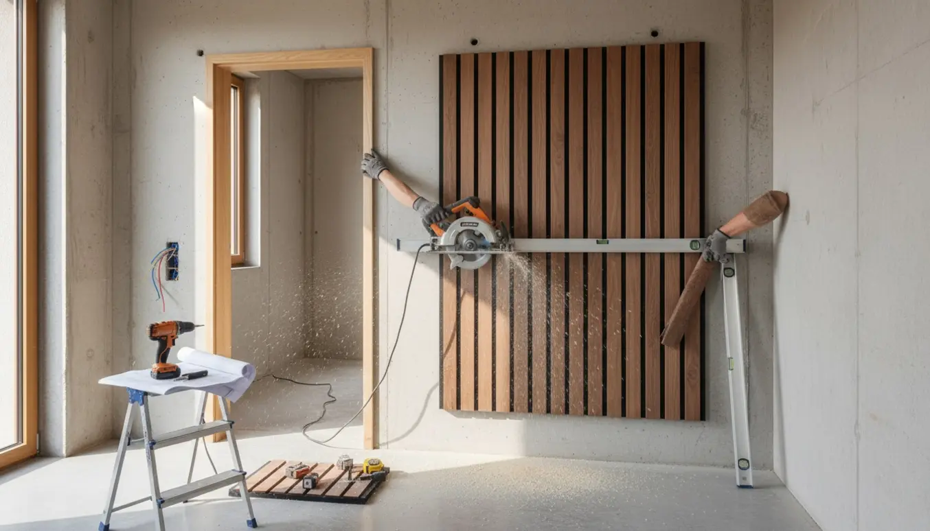 Akustikplade tilpasses og monteres på en betonvæg ved en dørkarm med rundsav og skæreskinne.