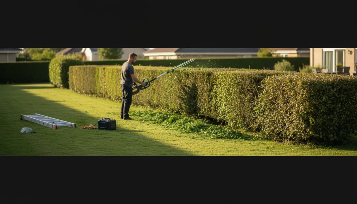 Professionel klipper ca. 60 cm af toppen på en lang hæk, mens en 10 m lav sektion forbliver urørt.