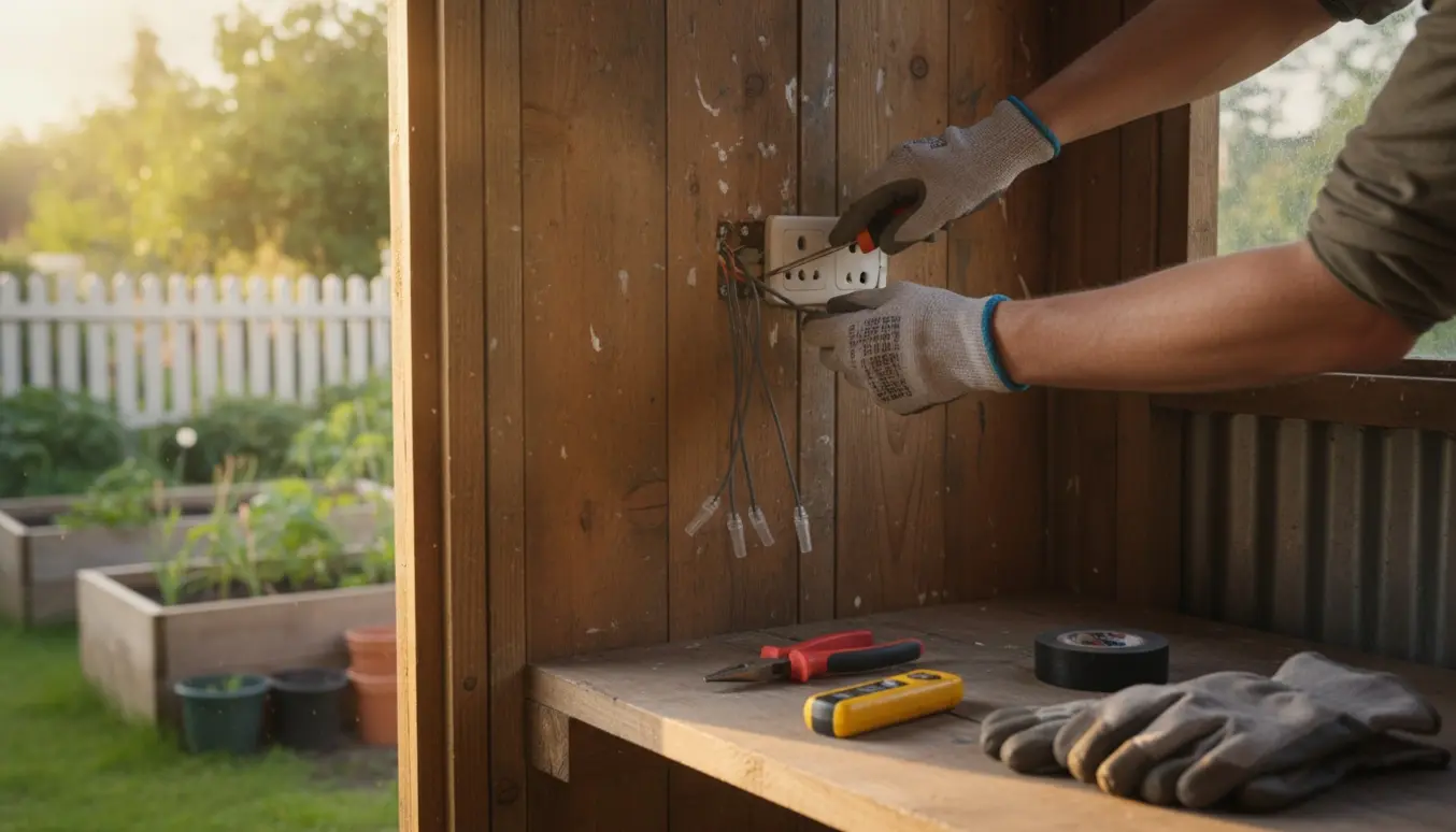 Nærbillede af hænder, der fjerner en stikkontakt i et udendørs træskur i en kolonihave.