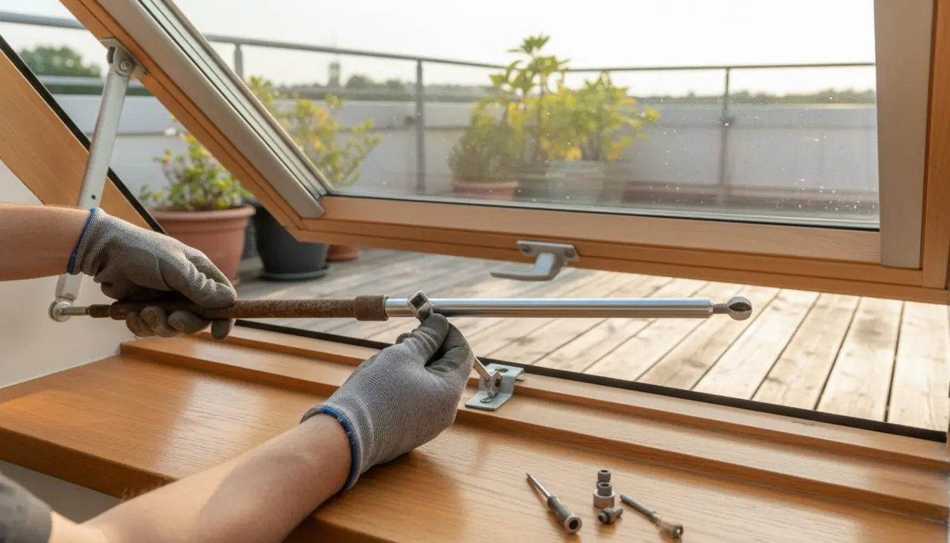 Nærbillede af hænder, der udskifter to gaspatroner på et ovenlysvindue med en tagterrasse i baggrunden.