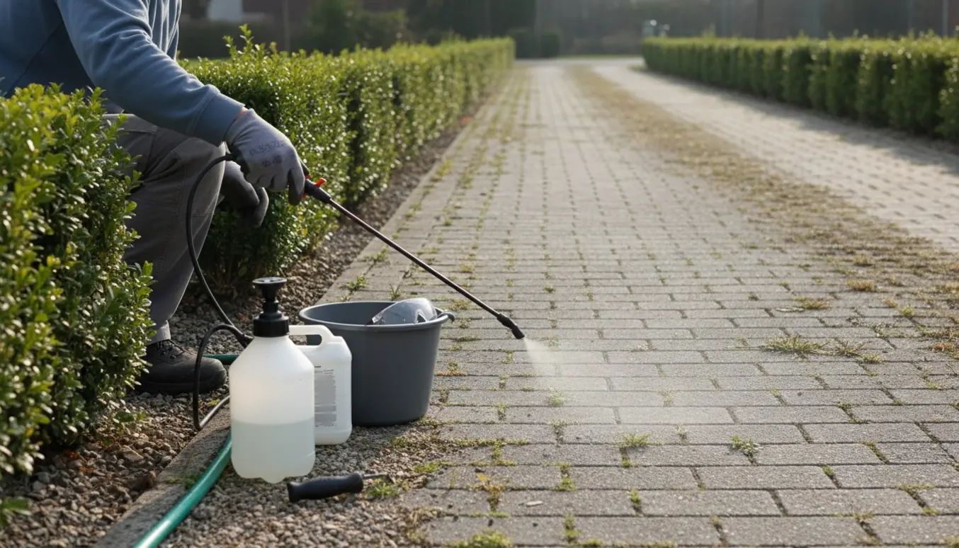 Hænder i handsker sprøjter ukrudt mellem indkørselens fliser og ved bunden af en ung hæk.