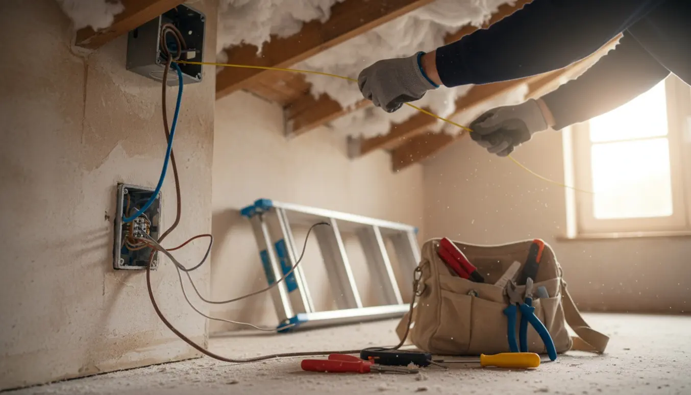 Nærbillede af handske-beklædte hænder, der flytter lampeledning i en åben loftsamledåse mod en vægafbryder.