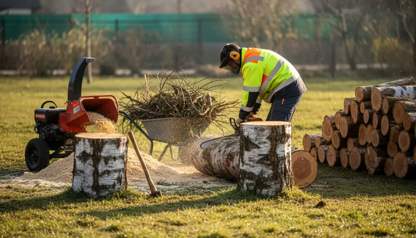 Arbejdsmiljø hvor to fældede birketræer og et nåletræ skæres i 30 cm stykker, og grene føres ind i en flishugger.