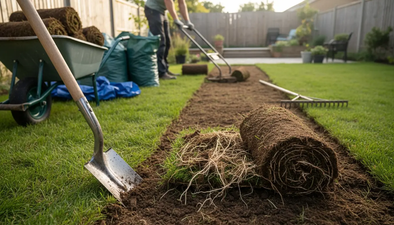 Fjernelse af græs og rodlag fra en lang, smal plænestribe med spade, trillebør og affaldsposer klar til bortskaffelse.