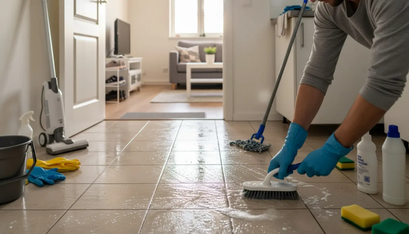 Handsker og hænder skrubber et beskidt køkkengulv i en lille lejlighed med moppe, spand og rengøringsmidler i baggrunden.