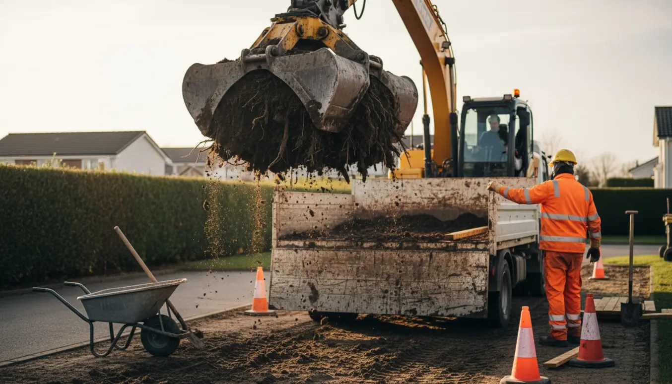 Hydraulisk grab løfter mørk jord over ladet på en lastbil under afhentning af jord.