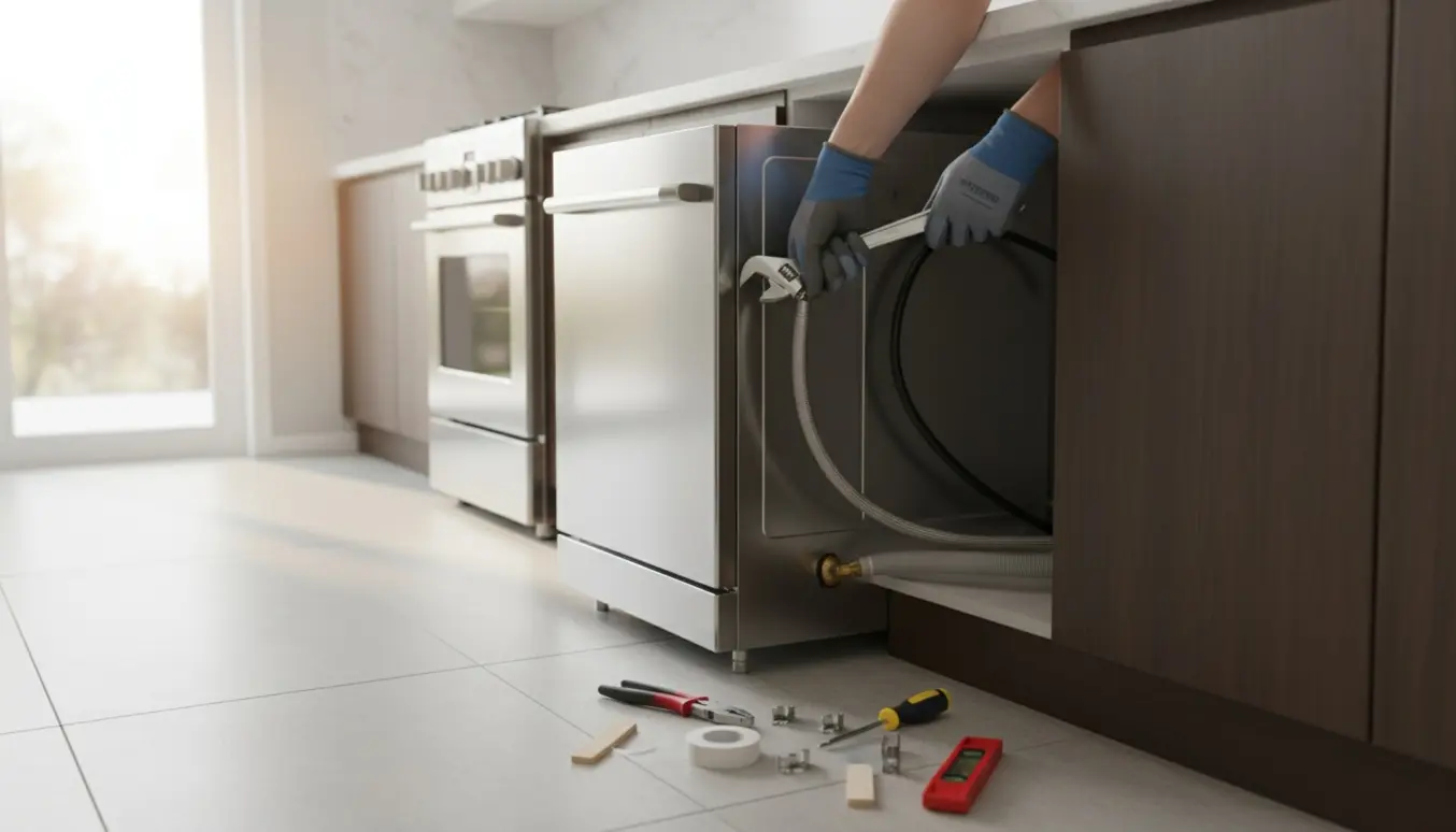 Delvist installeret rustfri opvaskemaskine under en køkkenbordplade med værktøj og hænder, der tilslutter slanger.