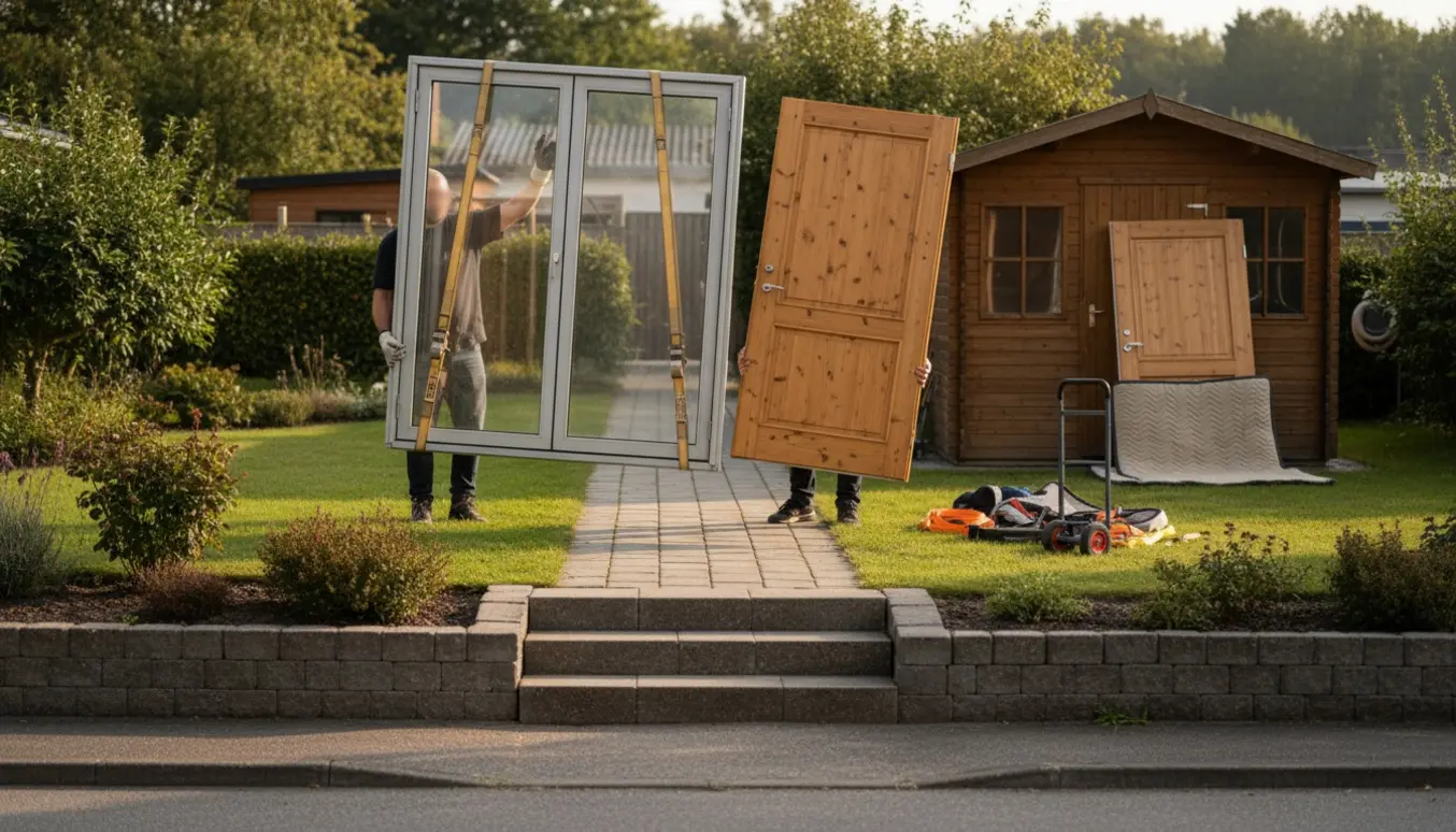 To personer bærer en dobbel terrassedør og en almindelig hoveddør over tre trin mod et skur med møbelhund og flyttetæpper i baggrunden.