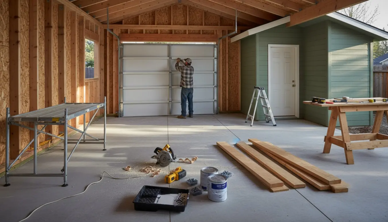 Træcarport under ombygning til garage med værktøj og nymalet redskabsrum.