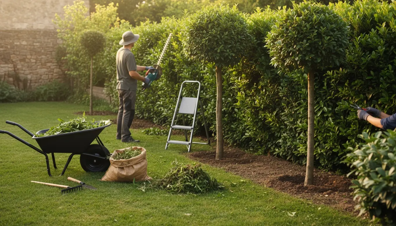 Havearbejde med hækklipning, lugning og trimning af opstammede små træer i blødt dagslys.