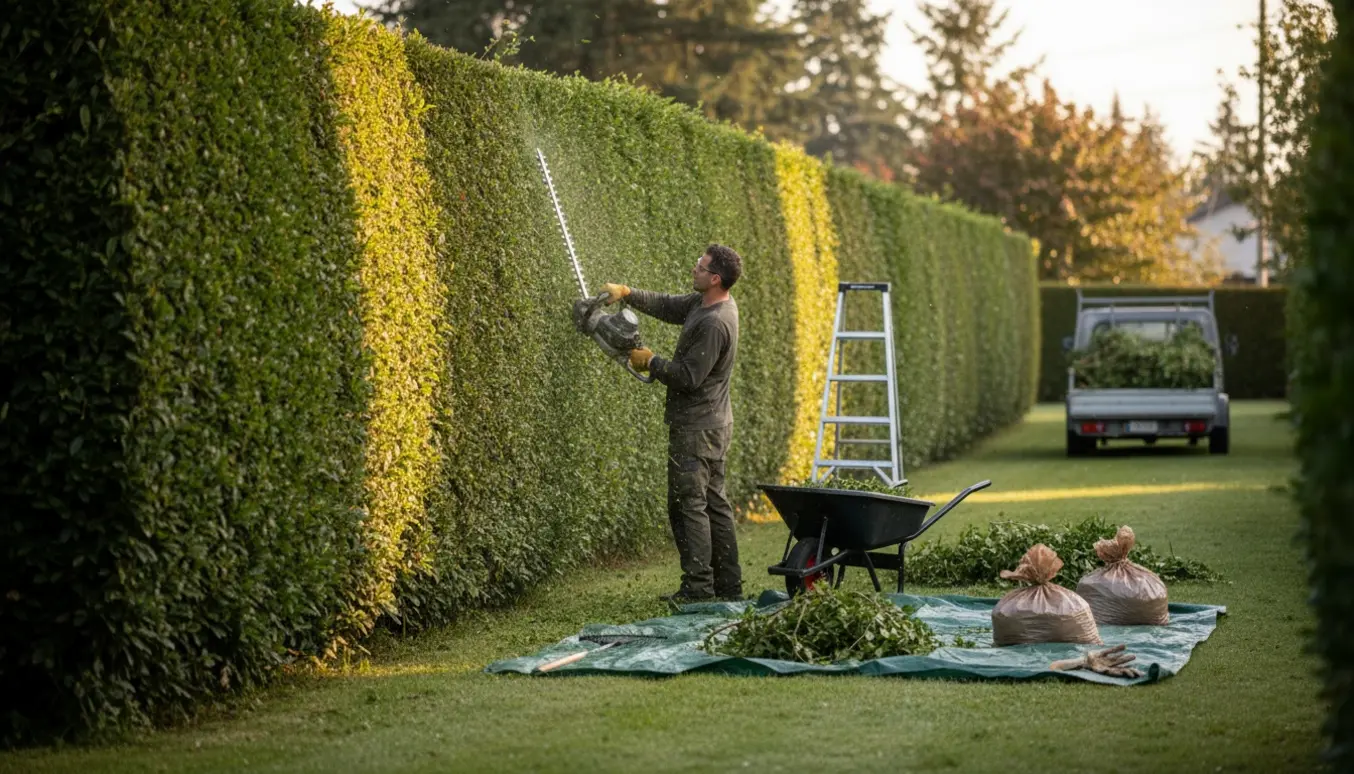 Lang hæk klippes professionelt, afklip samles i trillebør og trailer.