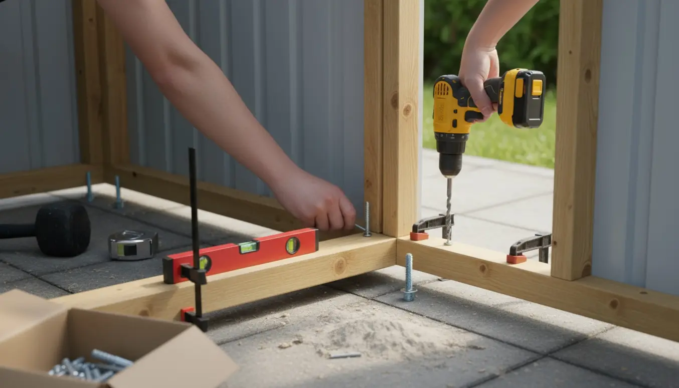 Delvist samlet metalskur på en træramme fastgjort til fliser med betonankre, omgivet af værktøj og materialer i haven.