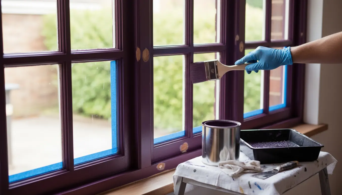 Indendørs nærbillede af tre vinduesrammer delvist malet i lilla med spartlede huller og malerudstyr tæt ved.