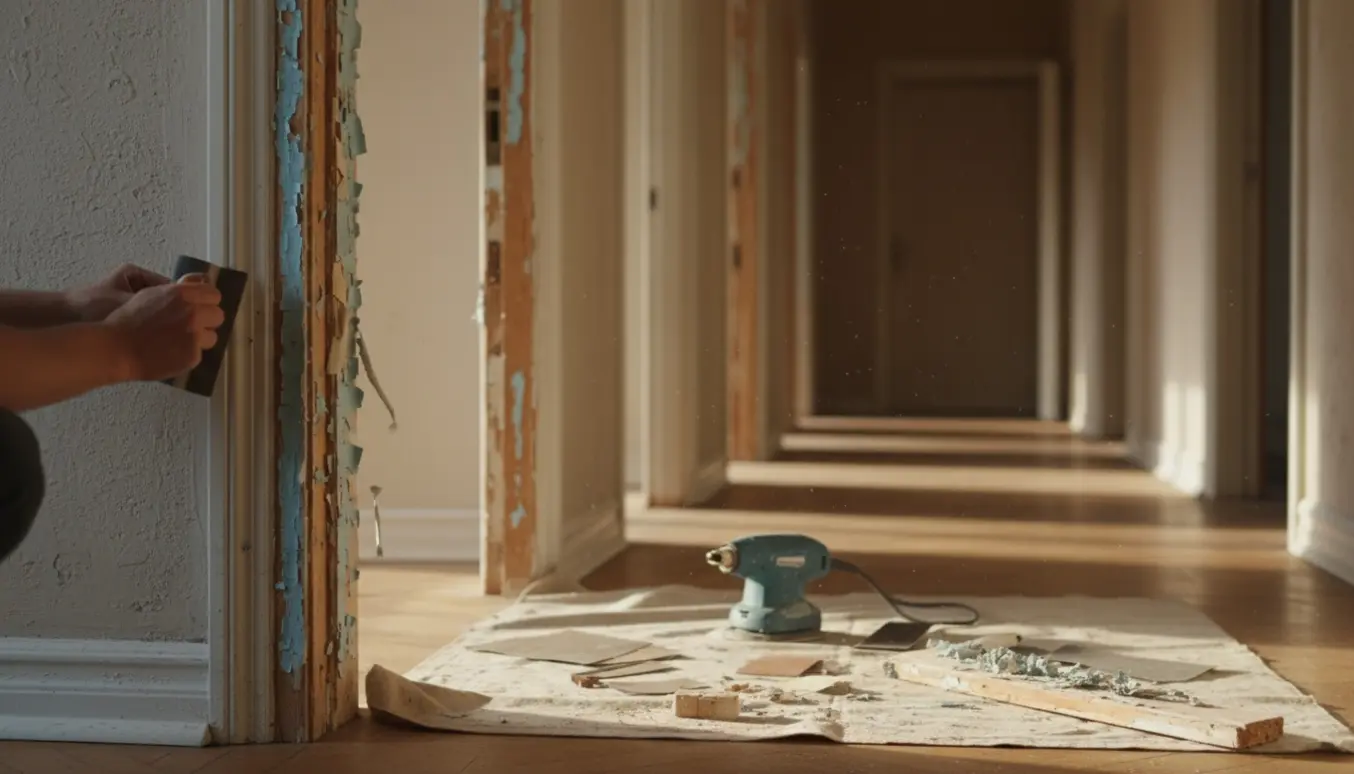 Nærbillede af afrensning og let slibning af en dørkarm i en ældre københavnerlejlighed med varmepistol og slibeværktøj.