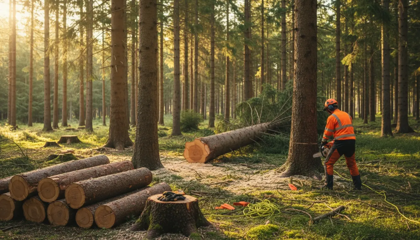 Fældning af et ca. 15 m højt nåletræ på en naturgrund med savede stammer og sikkerhedsudstyr, uden synlige ansigter.