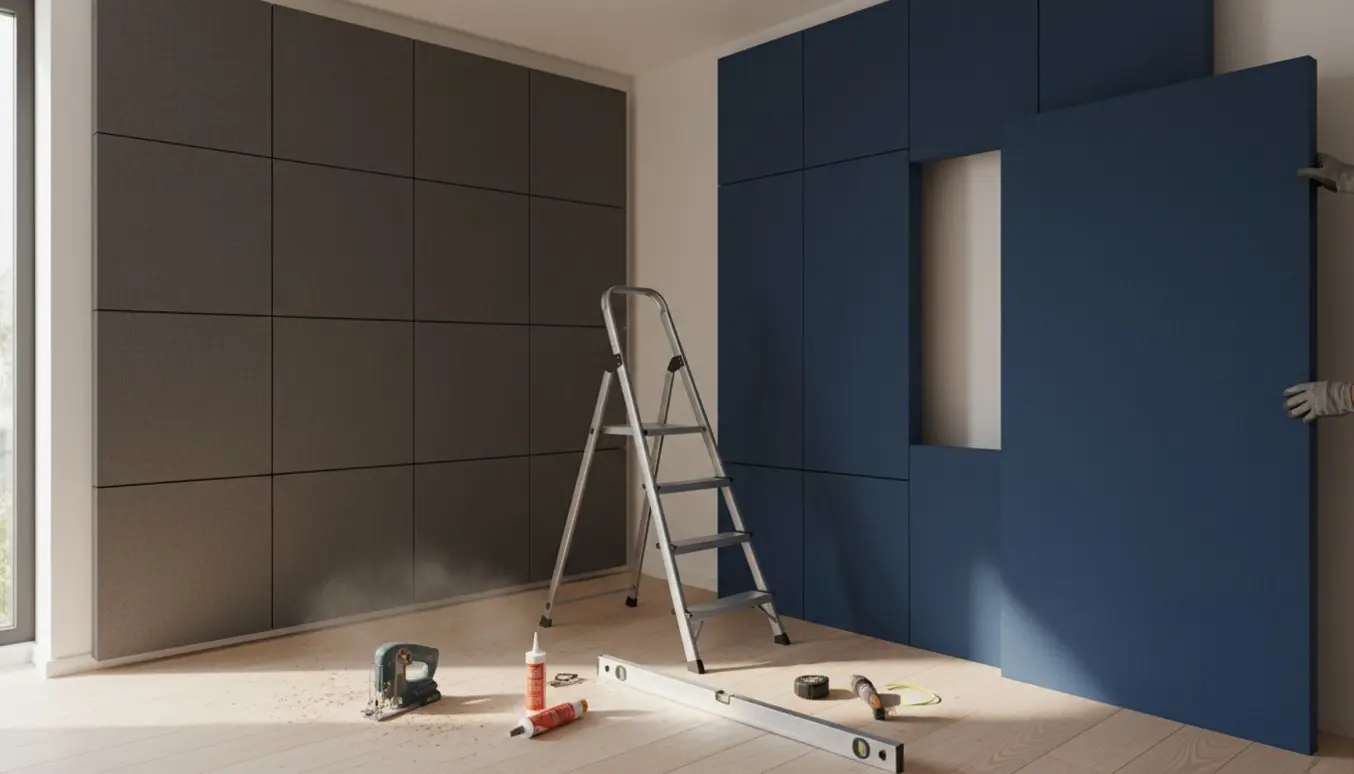 Håndværker monterer akustikpaneler omkring en døråbning i et lyst rum med værktøj på gulvet.