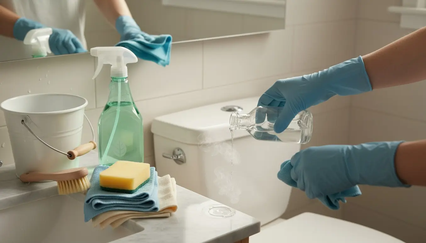 Nærbillede af miljøvenlig rengøring og afkalkning af badeværelse med eddike og grøn sprayflaske.