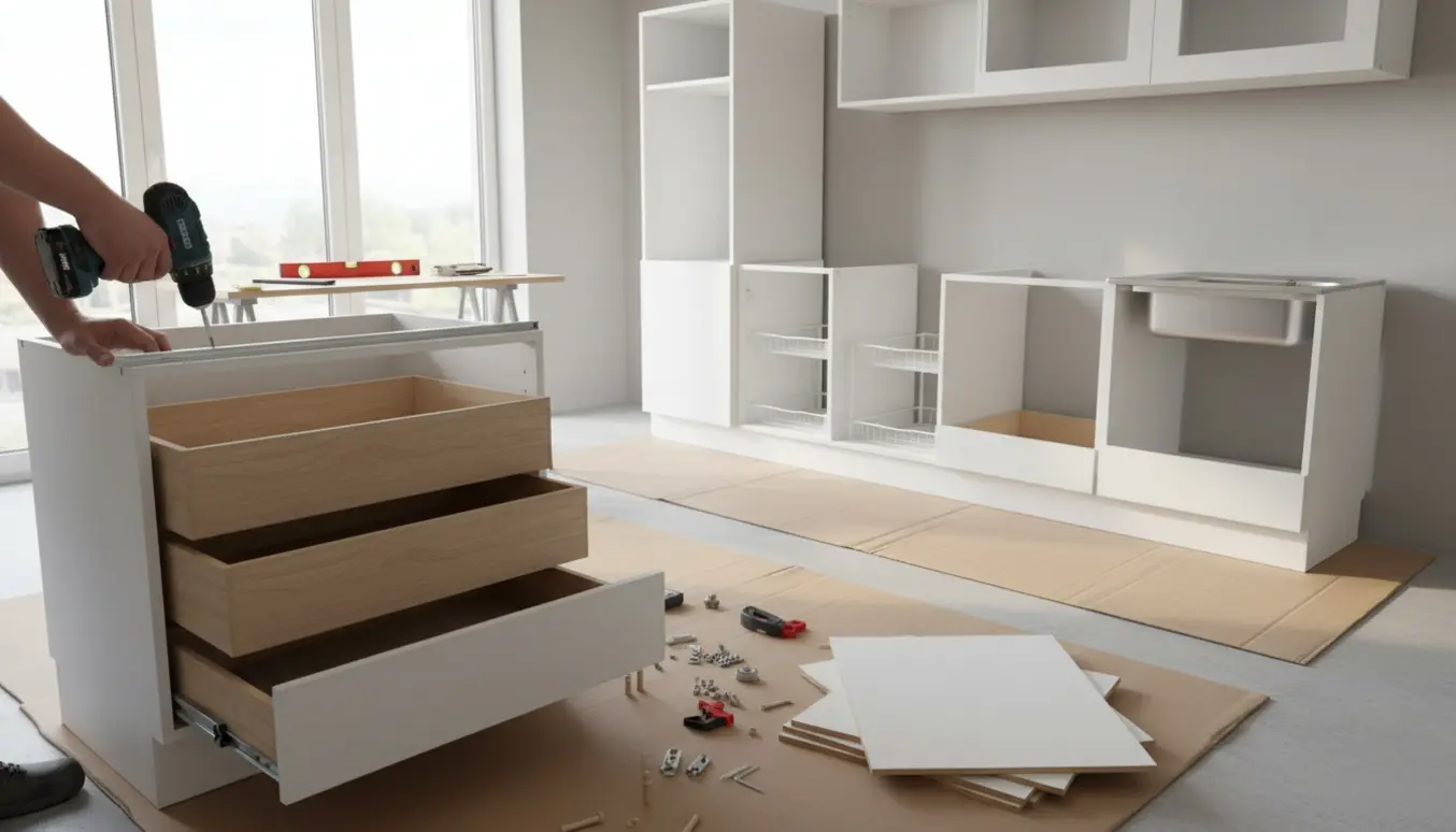 Fladpakket køkken under samling med hænder, værktøj og skuffer i et lyst køkken.