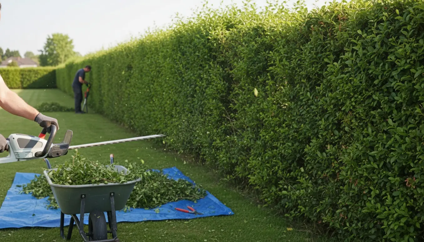 Lang hæk klippes professionelt med batteridrevet hækkeklipper, afklip i skubbevogn og en tydelig før-og-efter-linje.