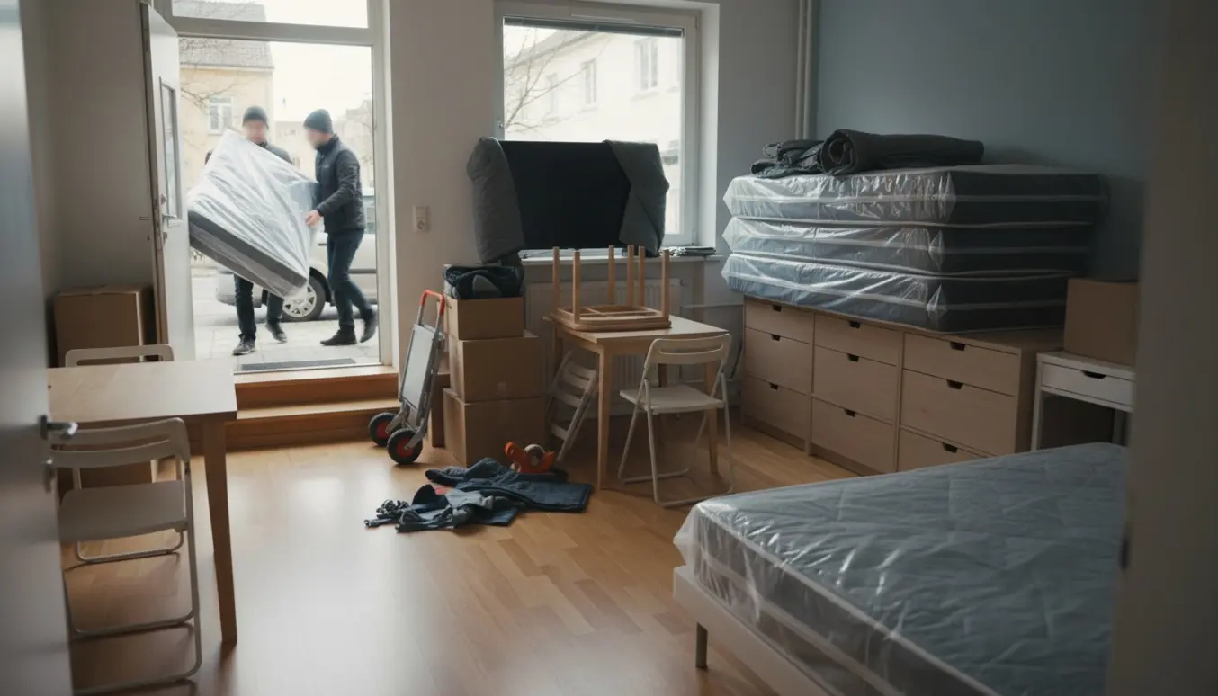 Flyttefolk læsser indpakkede møbler og flyttekasser ved en lejlighedsindgang i december.