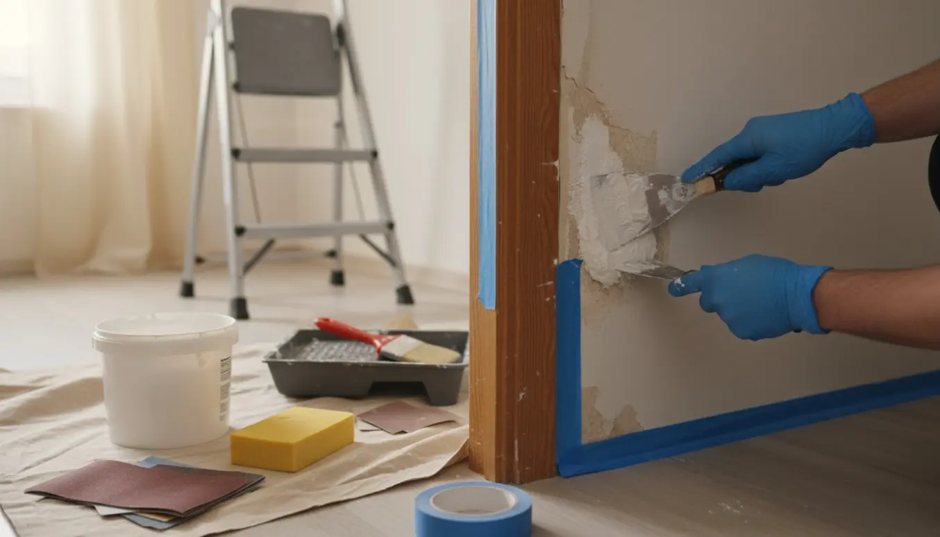 Hænder spartler en revnet væg og dørkarm klar til spartling og maling.