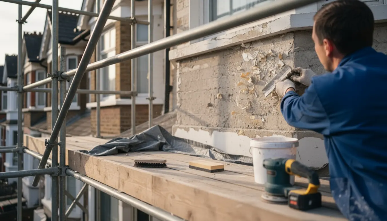 En håndværker på stillads skraber afskallet maling af 1. sals betonplader på en rækkehusfacade.