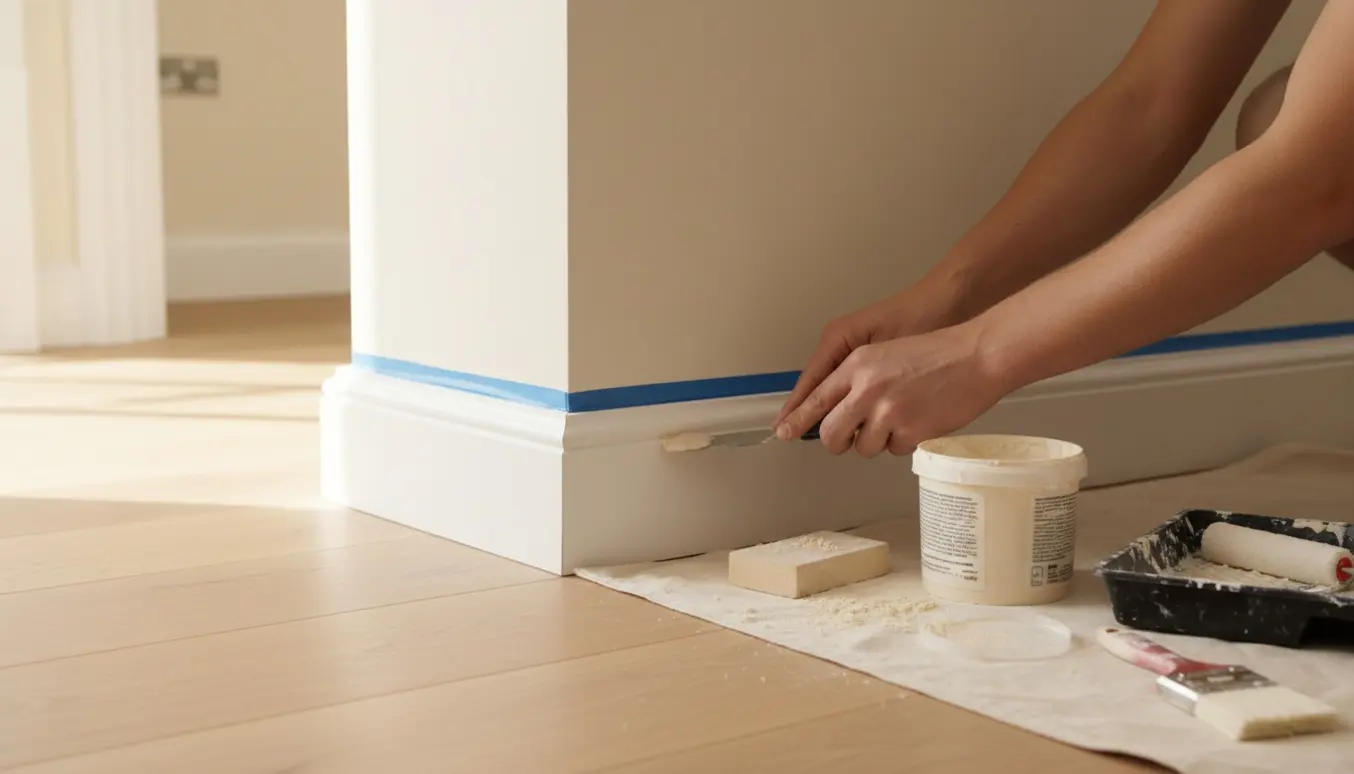 Nærbillede af hænder der spartler og maler nye fodpaneler i et lyst, nyrenoveret rum.