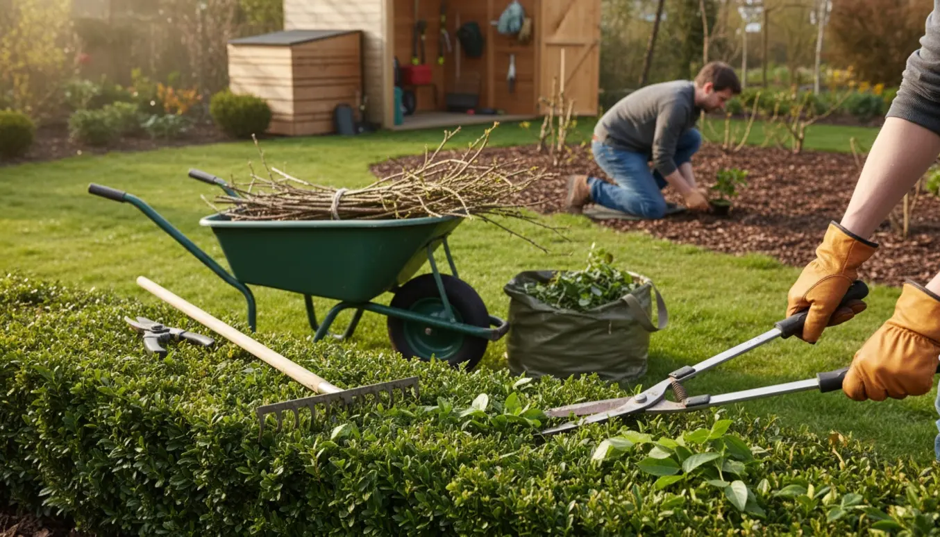 Nærbillede af hænder, der trimmer en hæk i en velordnet have med trillebør og haveredskaber i baggrunden.