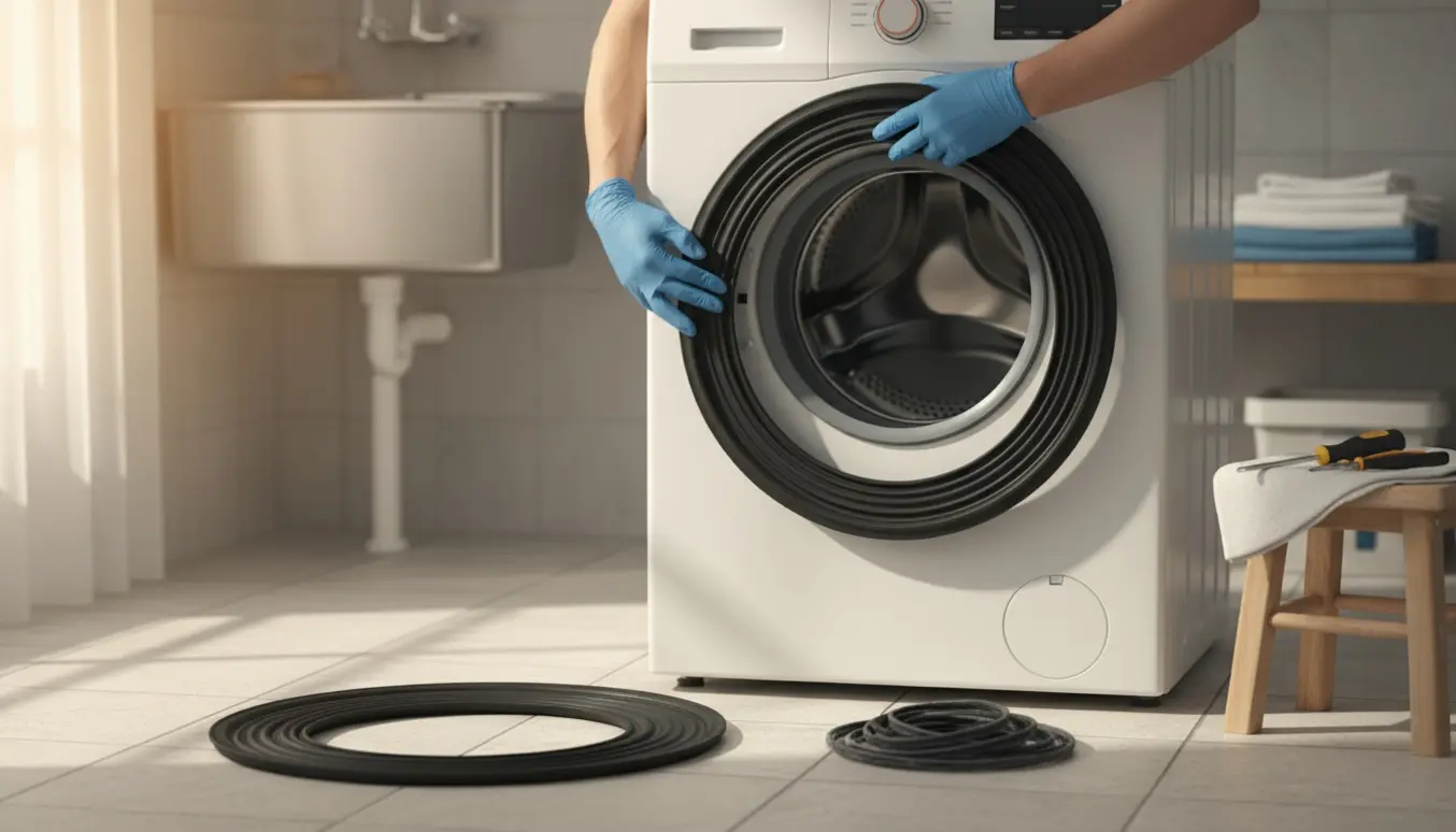 Hænder monterer en ny vaskemaskinebælg på en frontbetjent vaskemaskine i et lyst bryggers.