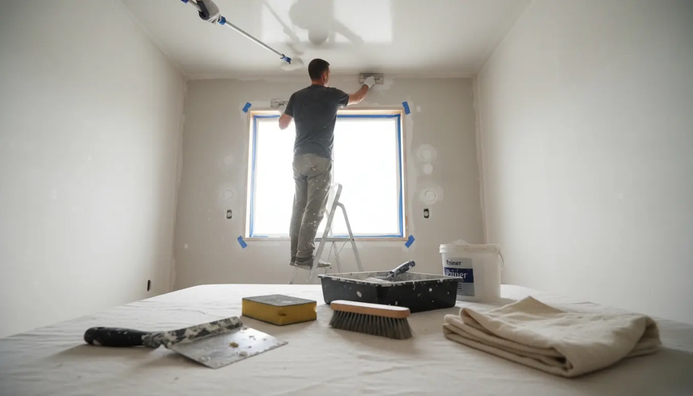 En maler arbejder med spartling og maling af loft og vægge i et lille rum med reparationer omkring vinduet.