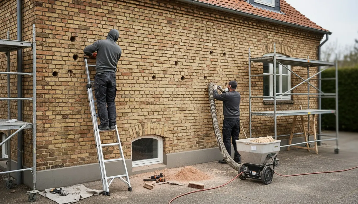 Håndværkere fylder hulmursisolering ind i en murermestervilla fra 1939 med blæsermaskine og slange.