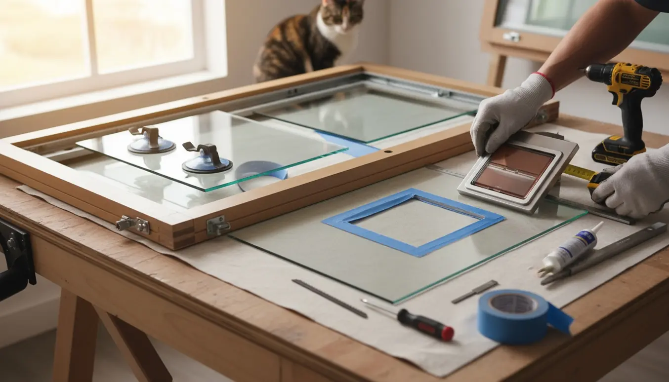 Håndværker måler og monterer en kattelem i en udskiftet nederste vinduesrude i et lyst værksted.