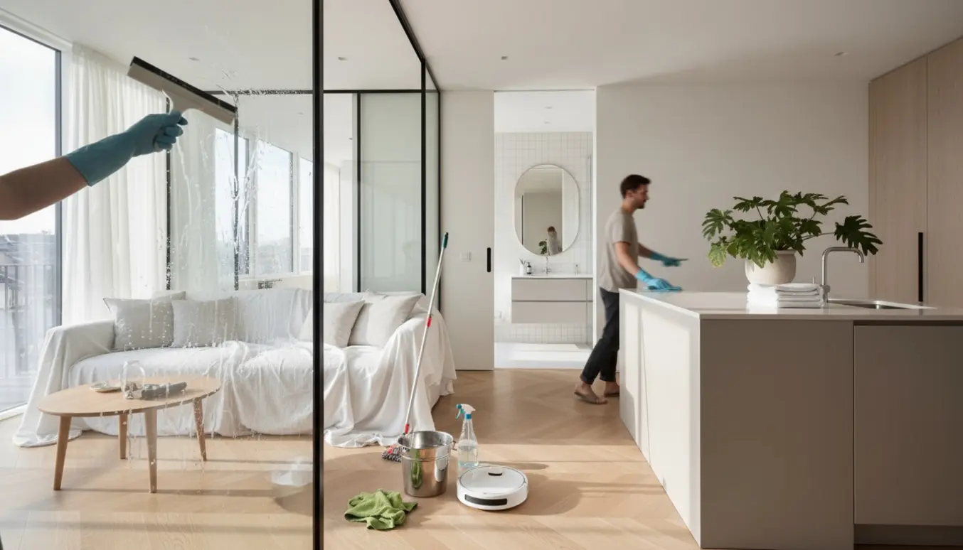 Soloplyst lejlighed hvor en person i handsker pudser vindue med rengøringsudstyr synligt.