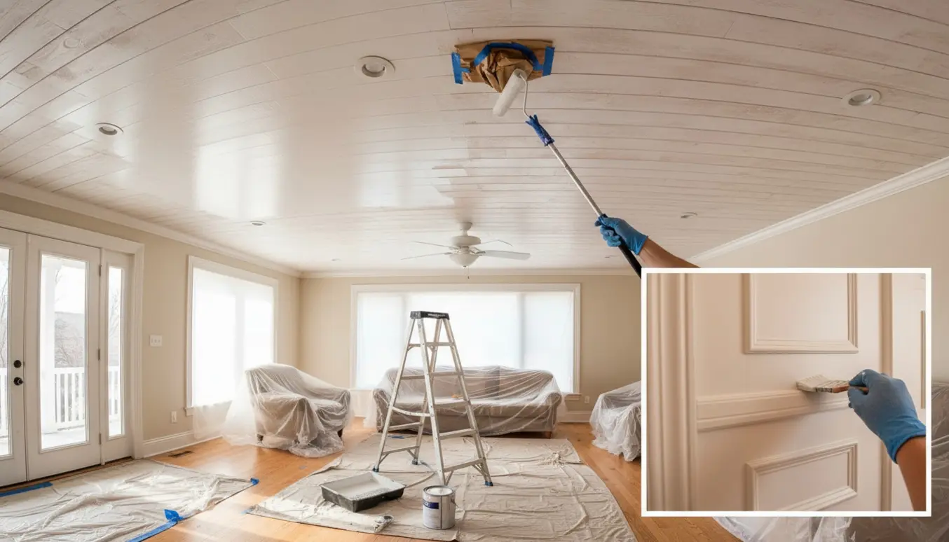 En maler maler et hvidt loft omkring loftsventilatorer og indbyggede spots, med afdækket gulv og trim under maling.