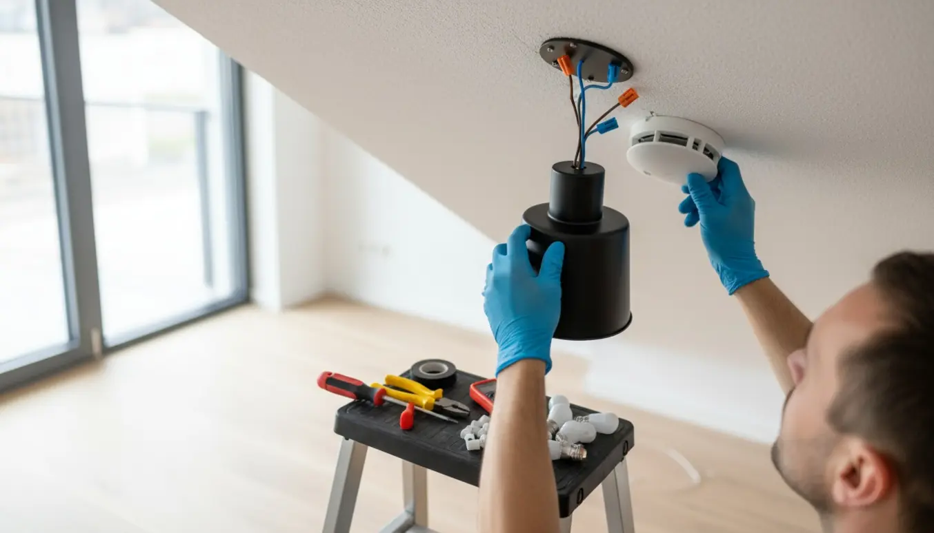 Elektriker monterer lamper og en batteridrevet røgmelder i loftet.