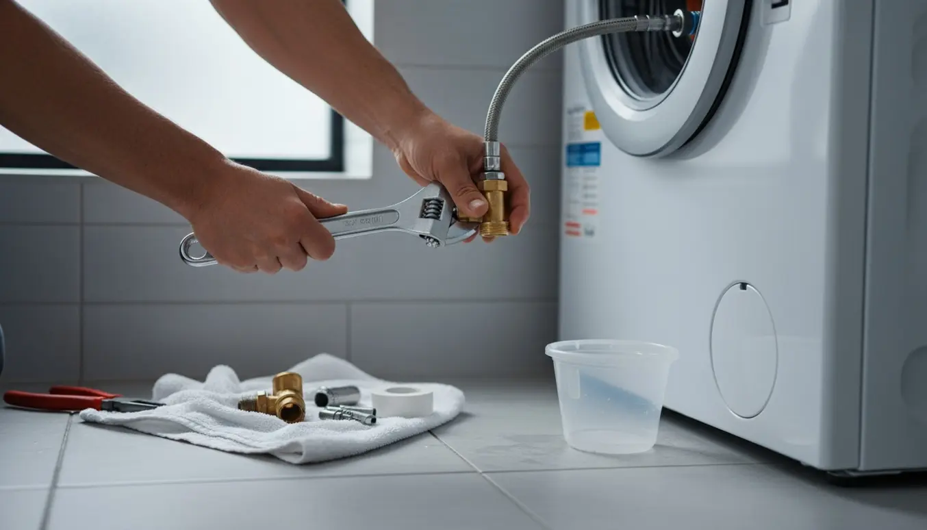 Hænder med skruenøgle udskifter vandhane til vaskemaskine ved en flisebelagt væg.