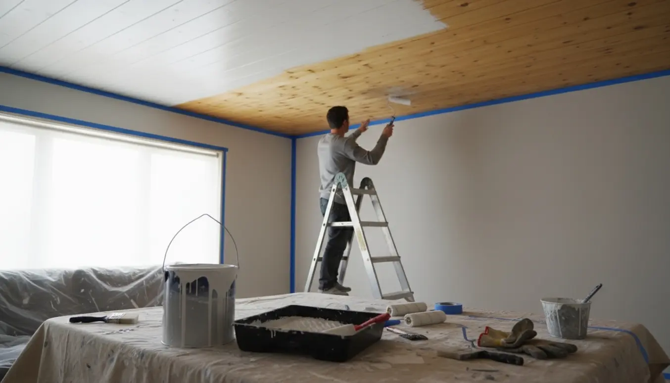 En maler på stige maler et gult træloft hvidt med malerulle, omgivet af maleredskaber og afdækning.