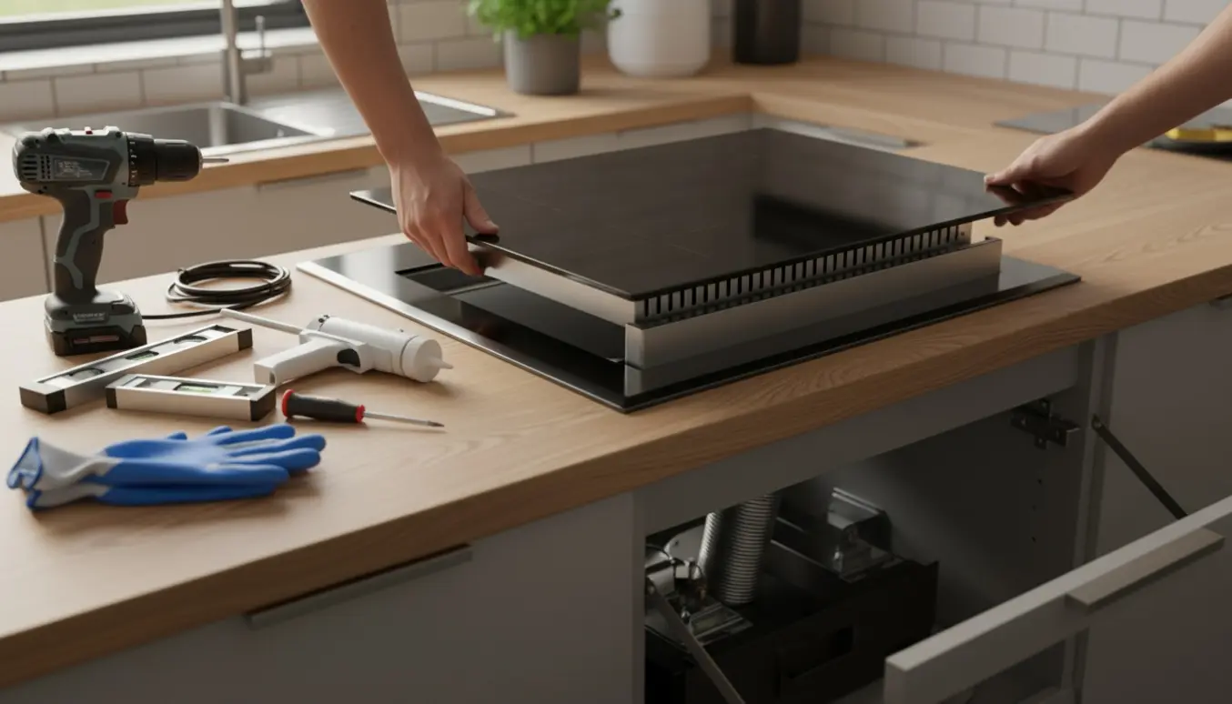 Hænder installerer en kogeplade med indbygget emhætte i en køkkenbordplade med værktøj ved siden af.