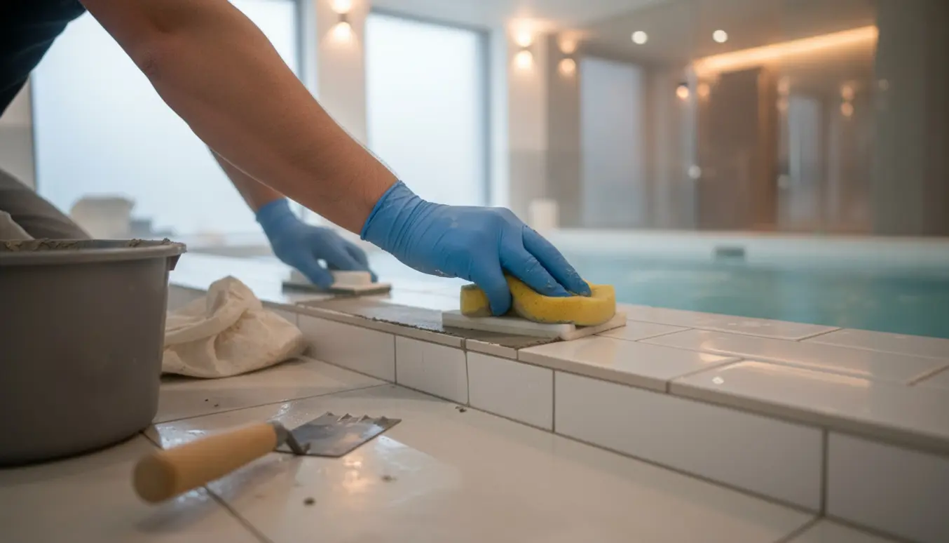 Nærbillede af handske-beklædte hænder, der fuge nye klinker omkring et spabad i et lyst, moderne poolrum.