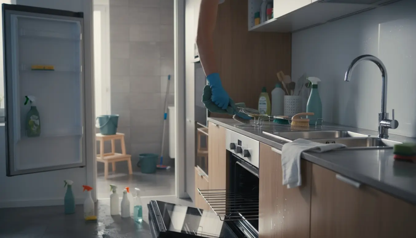 Handsker skrubber en åben ovn i et ryddeligt køkken med tomme skabe og et skinnende badeværelse i baggrunden.