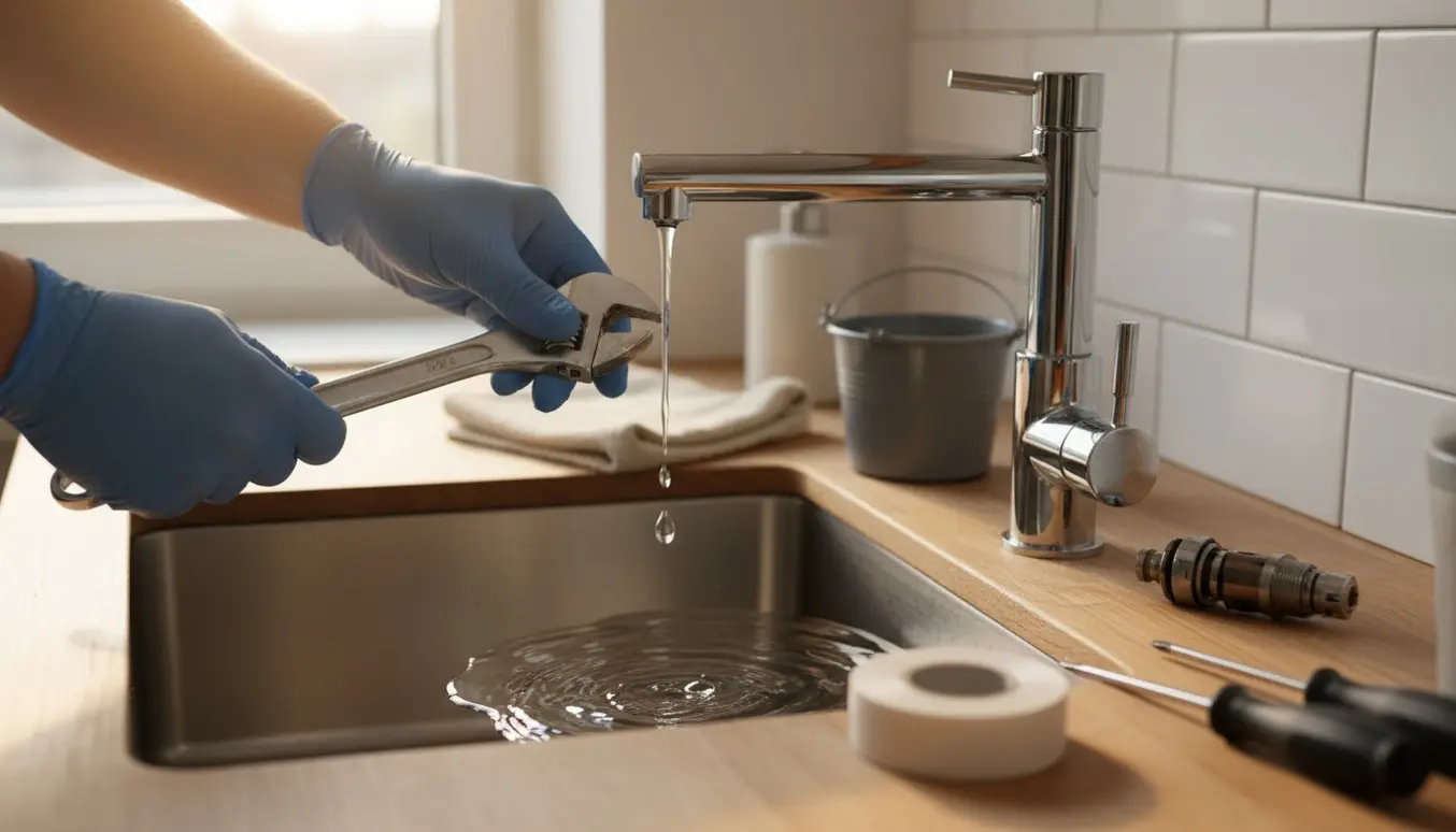 Dryppende køkkenarmatur over en vask med værktøj klar til reparation.
