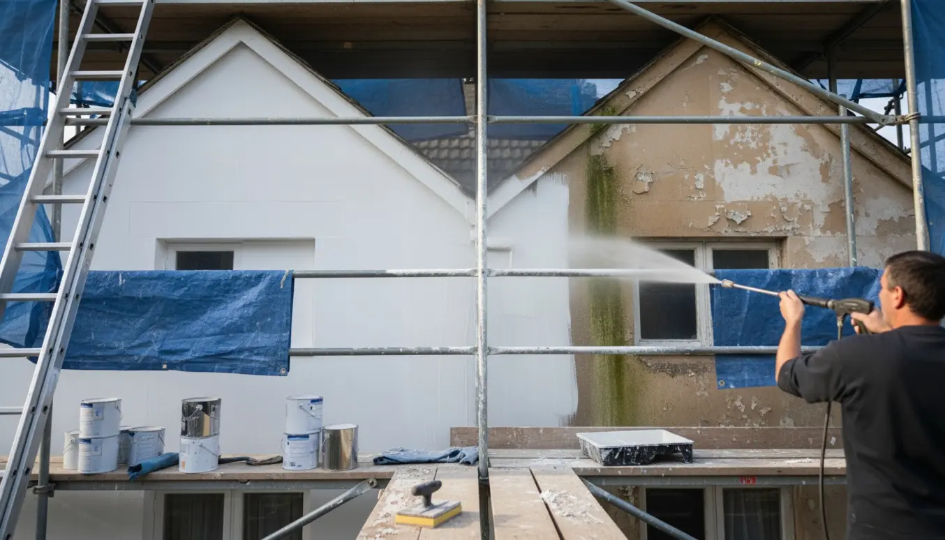 Stillads og værktøj foran en husfacade, hvor hvide partier renses, slibes, grundes og males.