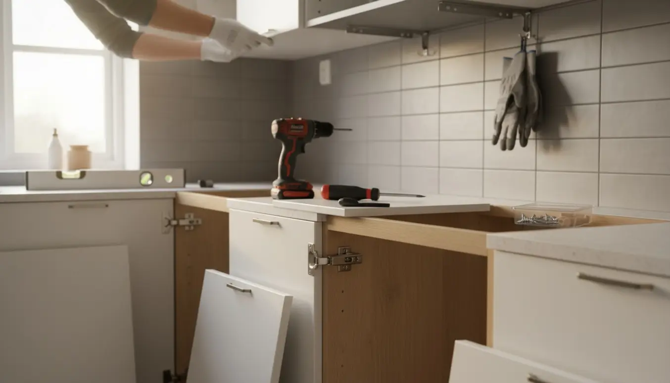 Hænder monterer hvide køkkenfronter og et lille overskab i et lyst, moderne køkken.
