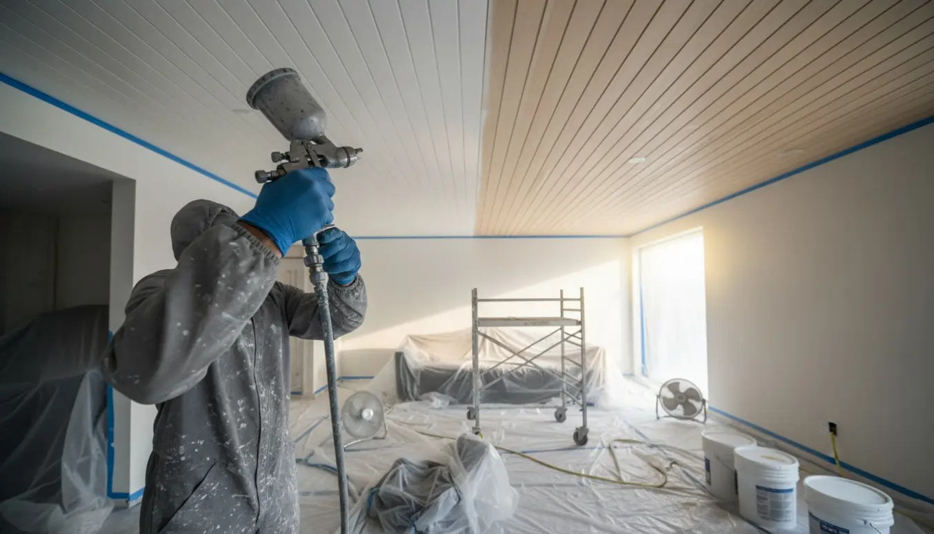 Sprøjtemaling af indvendige loftpaneler med sprøjtepistol, afdækning og halvt malet loft.