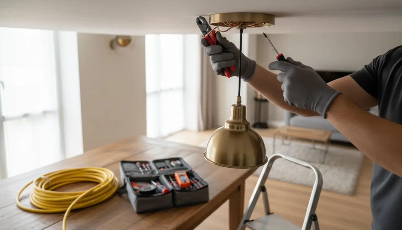 En elektriker på en lille stige monterer en loftlampe i et lyst, moderne rum med værktøj og kabel tæt på.