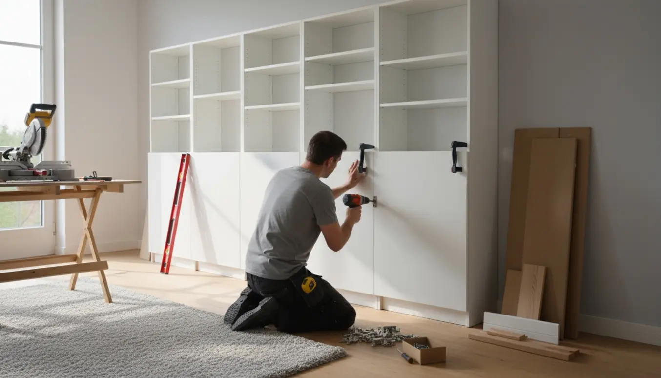 Montering af store hvide reolmoduler med låger langs en væg, en person skruer en låge på uden at ansigtet ses.