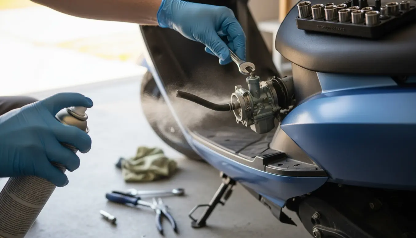 Mekaniker undersøger karburatoren på en scooter med blottet slange, værktøj og spray for at finde en luftlækage.