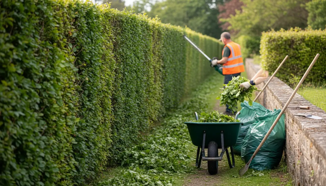 Lang bøgehæk toppes med en stanghækkeklipper, afklip samles i en trillebør, arbejdere set bagfra.
