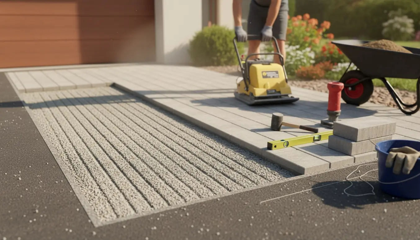 Igangværende fliselægning i indkørsel med komprimeret stabilgrus, pladevibrator, bunker af fliser og værktøj.