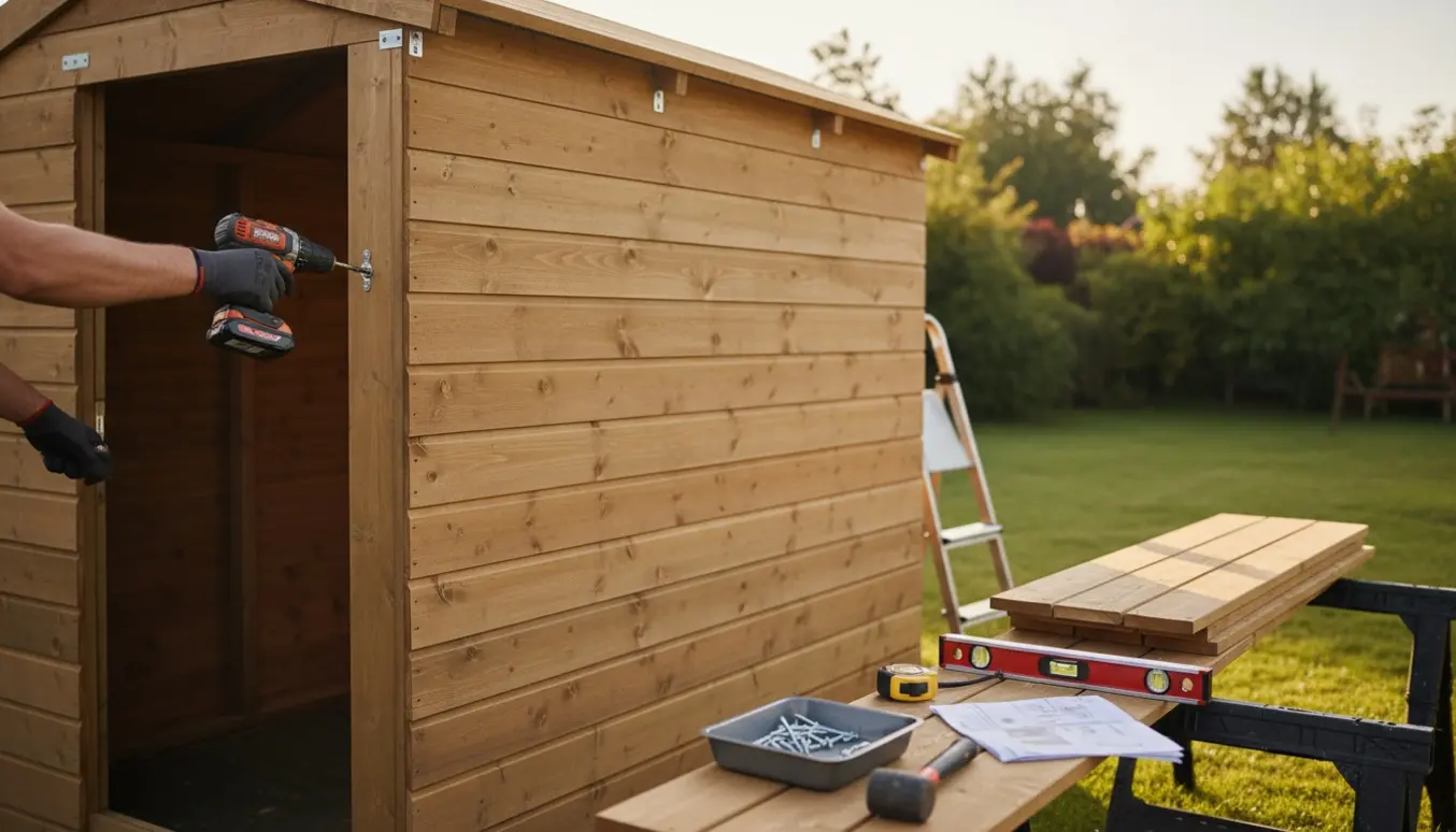 Delvist opført mellemstort skur i baghaven med hænder, der monterer træpaneler med en boremaskine.